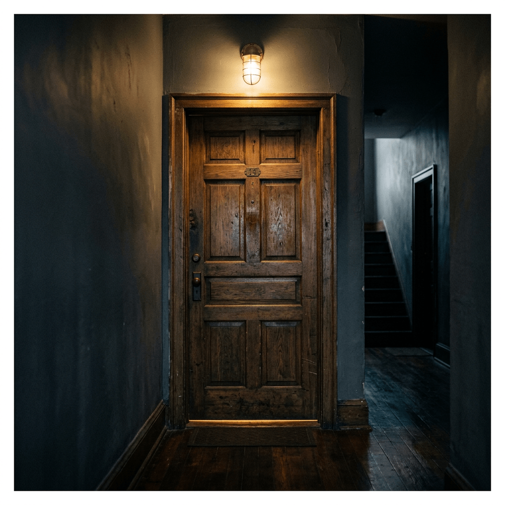 Older wooden door with panel design under a small light fixture in a dark hallway
