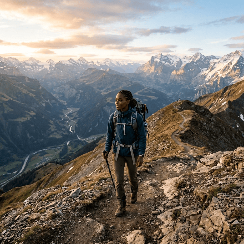 Hiker with backpack walking along rocky ridge above snow-capped mountain valley